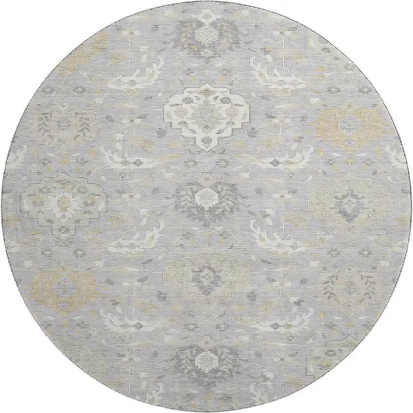 8' Gray Beige And Ivory Damask Washable Round Rug With UV Protection Photo 1