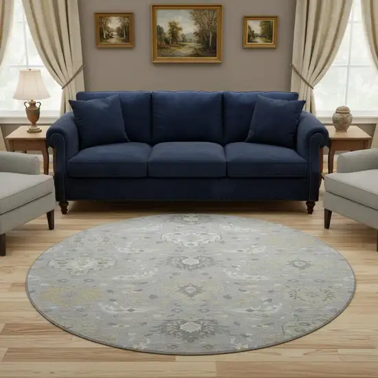 8' Gray Beige And Ivory Damask Washable Round Rug With UV Protection Photo 2