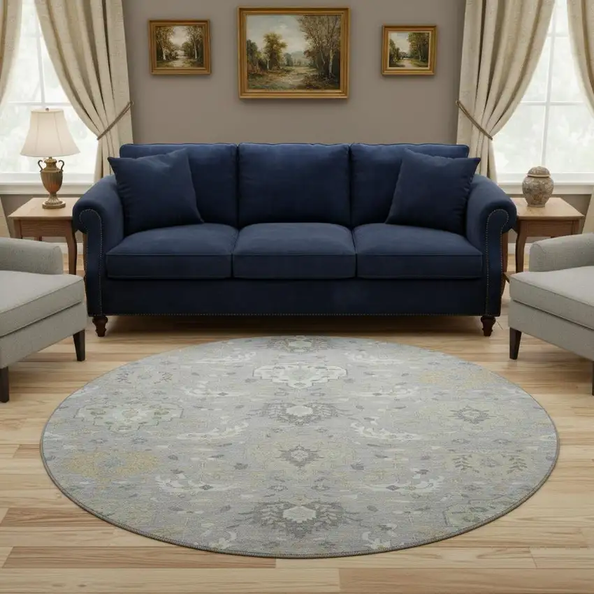 8' Gray Beige And Ivory Damask Washable Round Rug With UV Protection Photo 2