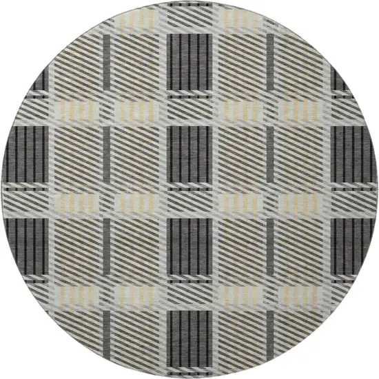 8' Gray Beige And Ivory Plaid Washable Round Rug With UV Protection Photo 3