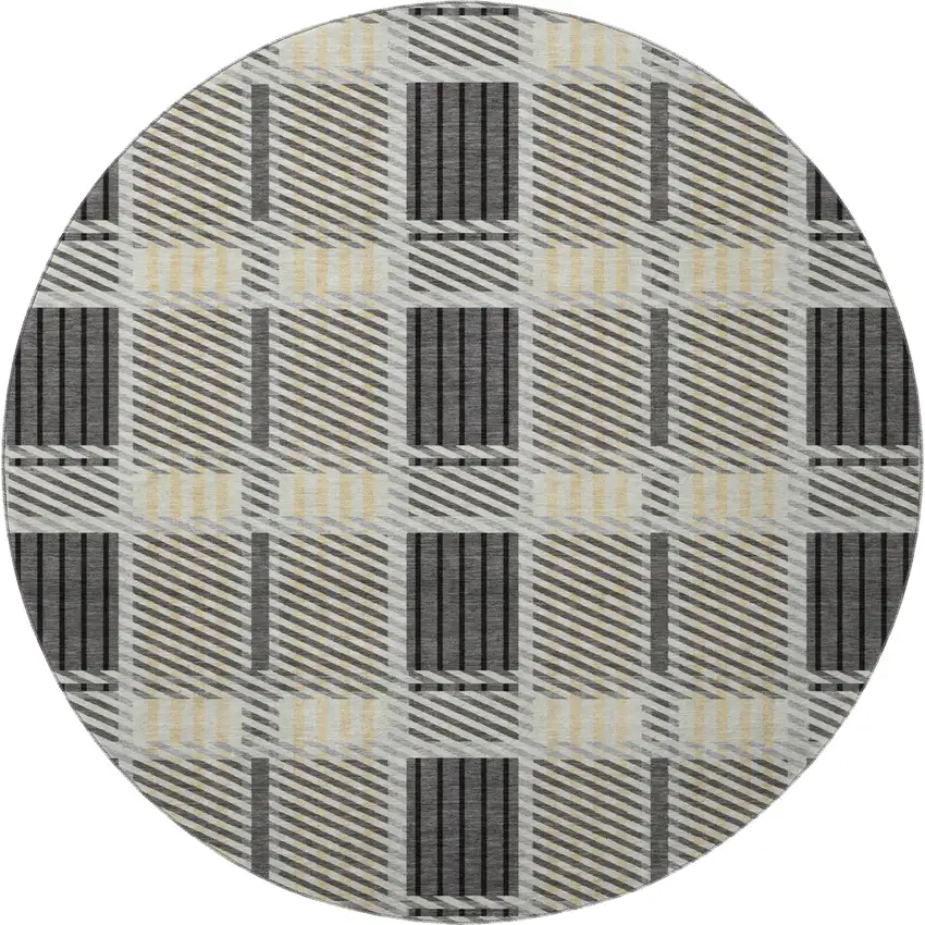 8' Gray Beige And Ivory Plaid Washable Round Rug With UV Protection Photo 3