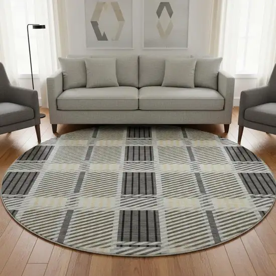 8' Gray Beige And Ivory Plaid Washable Round Rug With UV Protection Photo 2