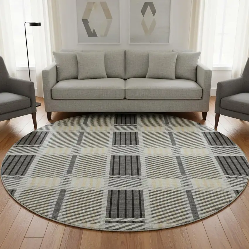 8' Gray Beige And Ivory Plaid Washable Round Rug With UV Protection Photo 2