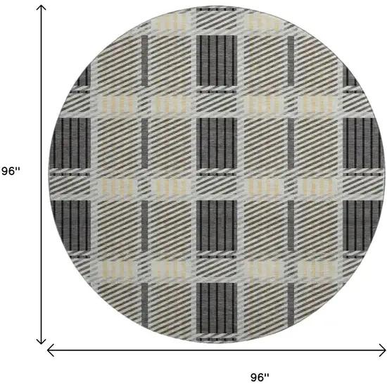 8' Gray Beige And Ivory Plaid Washable Round Rug With UV Protection Photo 9