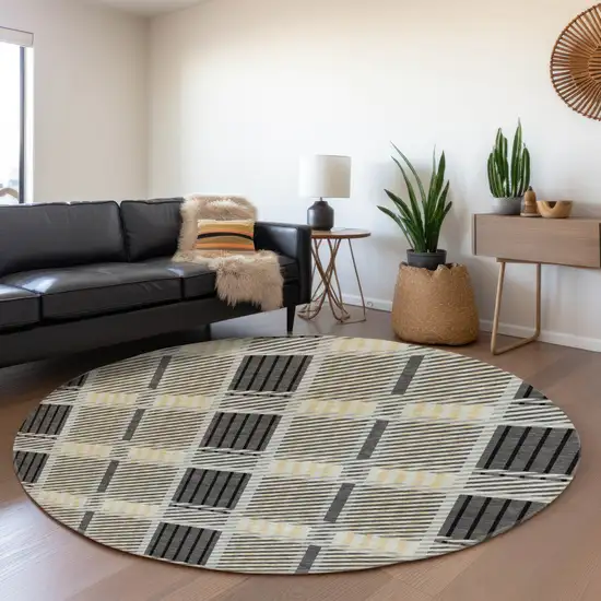 8' Gray Beige And Ivory Plaid Washable Round Rug With UV Protection Photo 4