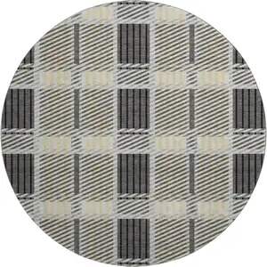 Photo of 8' Gray Beige And Ivory Plaid Washable Round Rug With UV Protection