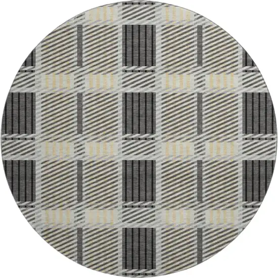 8' Gray Beige And Ivory Plaid Washable Round Rug With UV Protection Photo 1