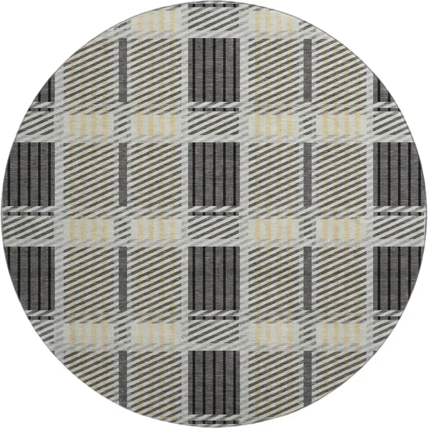 8' Gray Beige And Ivory Plaid Washable Round Rug With UV Protection Photo 1