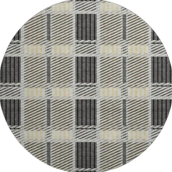 8' Gray Beige And Ivory Plaid Washable Round Rug With UV Protection Photo 2