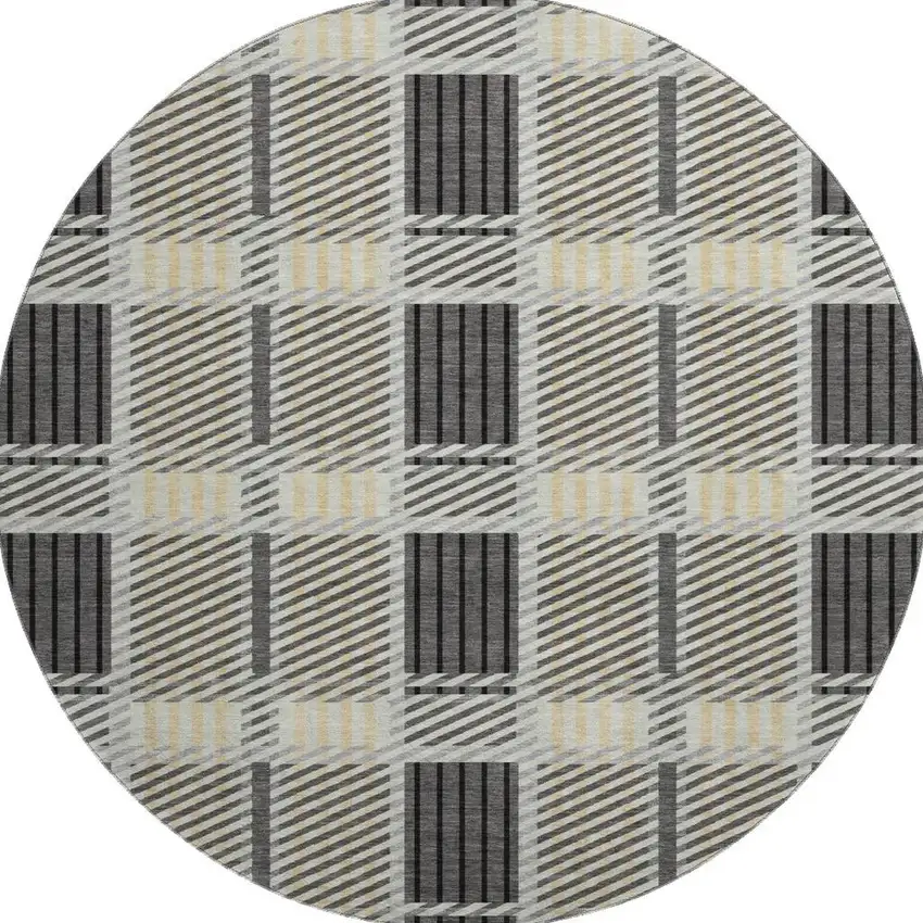 8' Gray Beige And Ivory Plaid Washable Round Rug With UV Protection Photo 2