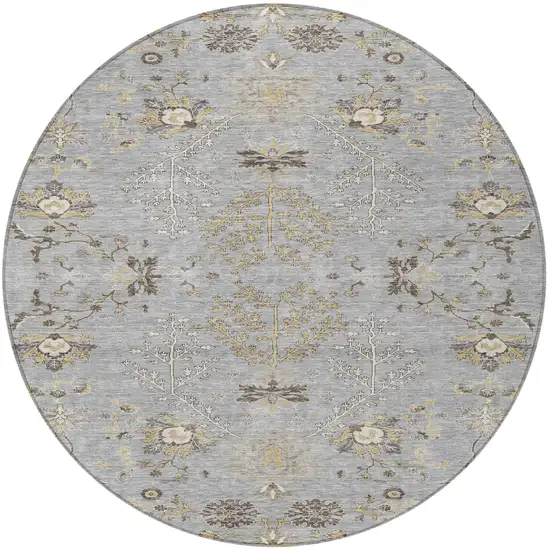 8' Gray Beige And Ivory Round Floral Washable Indoor Outdoor Area Rug Photo 6