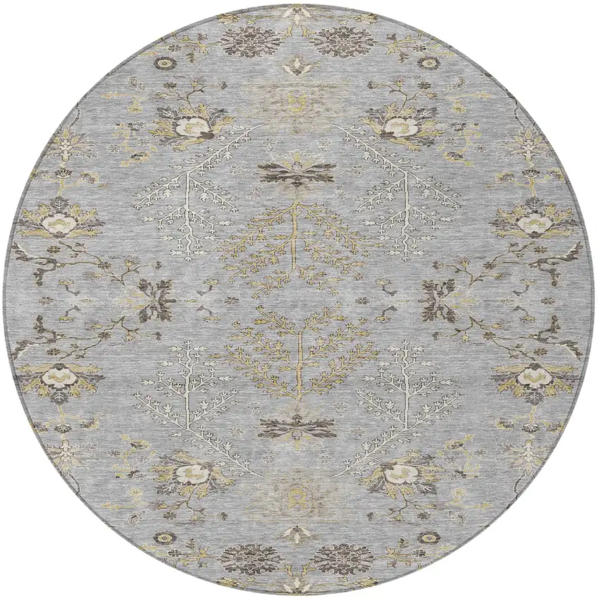 8' Gray Beige And Ivory Round Floral Washable Indoor Outdoor Area Rug Photo 6