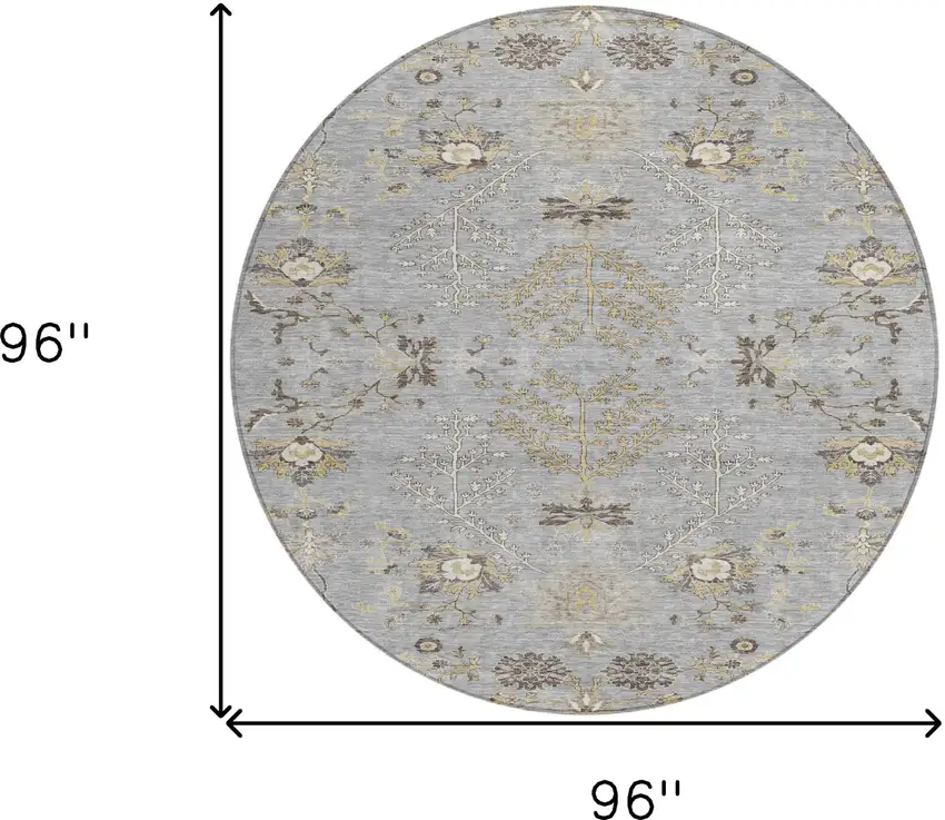 8' Gray Beige And Ivory Round Floral Washable Indoor Outdoor Area Rug Photo 3