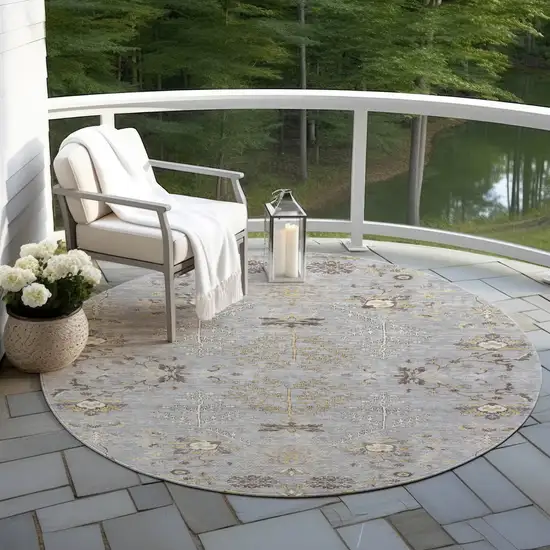 8' Gray Beige And Ivory Round Floral Washable Indoor Outdoor Area Rug Photo 7