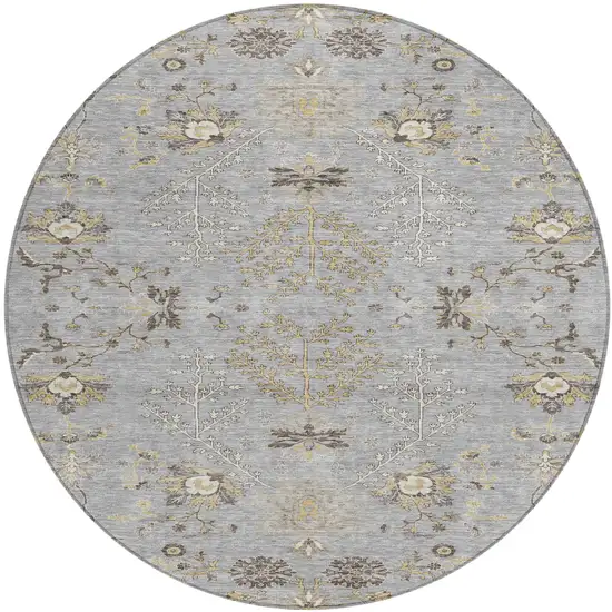 8' Gray Beige And Ivory Round Floral Washable Indoor Outdoor Area Rug Photo 2