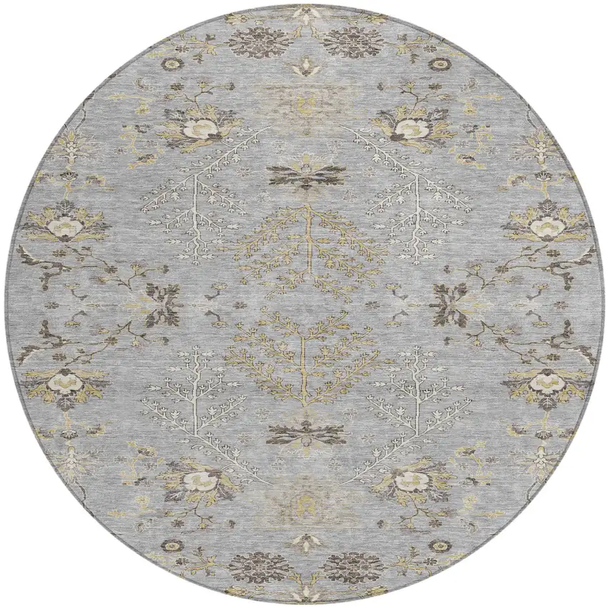 8' Gray Beige And Ivory Round Floral Washable Indoor Outdoor Area Rug Photo 2