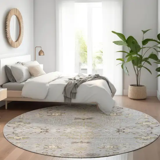 8' Gray Beige And Ivory Round Floral Washable Indoor Outdoor Area Rug Photo 8