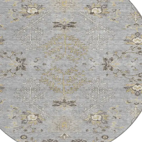 8' Gray Beige And Ivory Round Floral Washable Indoor Outdoor Area Rug Photo 5