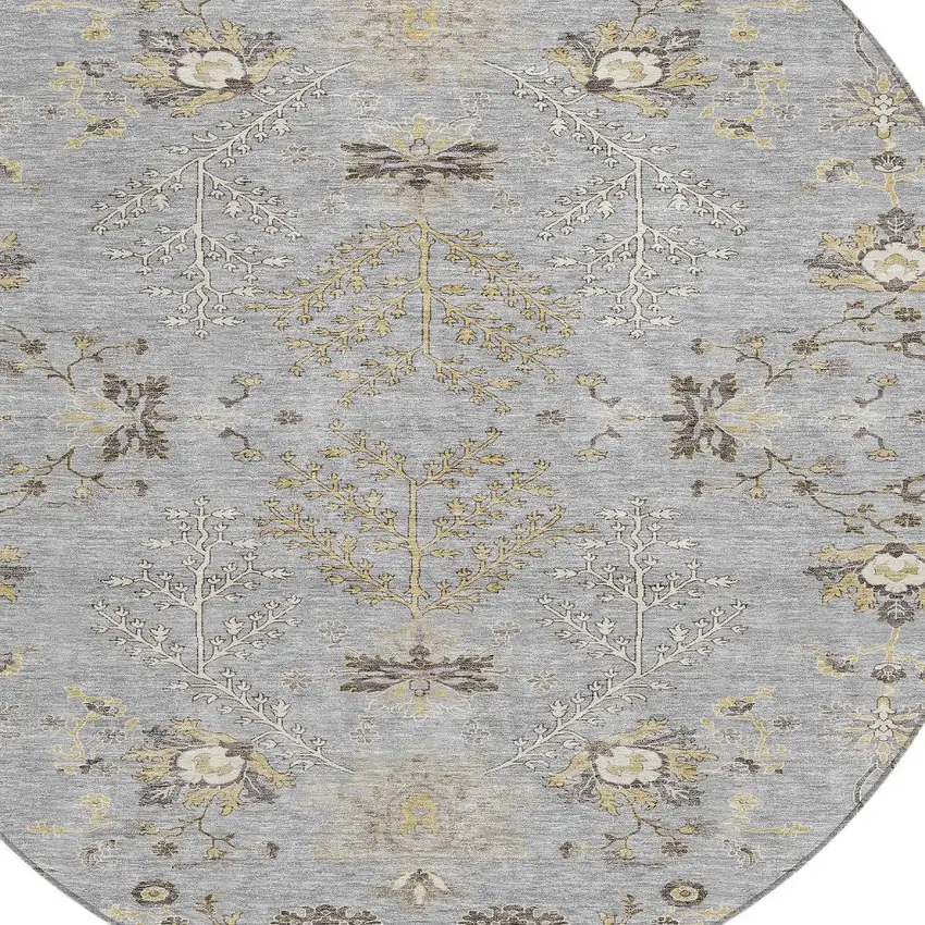 8' Gray Beige And Ivory Round Floral Washable Indoor Outdoor Area Rug Photo 5