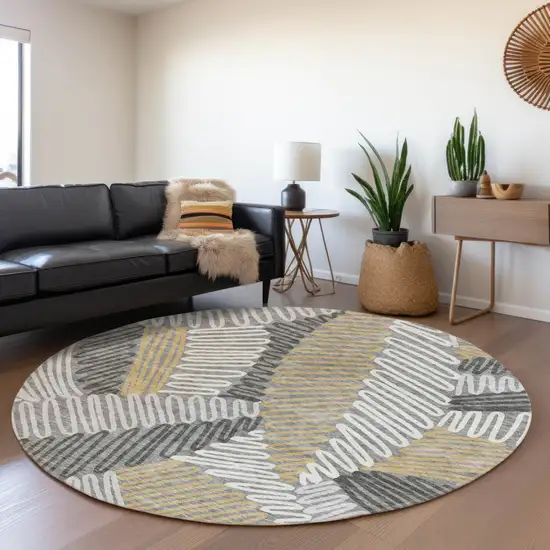 8' Gray Beige And Ivory Round Floral Washable Indoor Outdoor Area Rug Photo 8