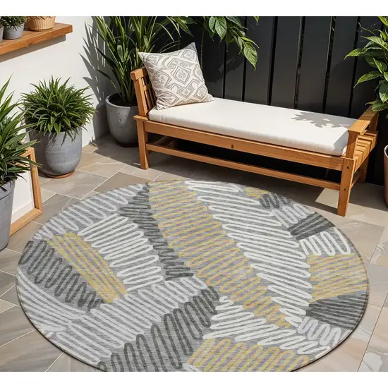 8' Gray Beige And Ivory Round Floral Washable Indoor Outdoor Area Rug Photo 1