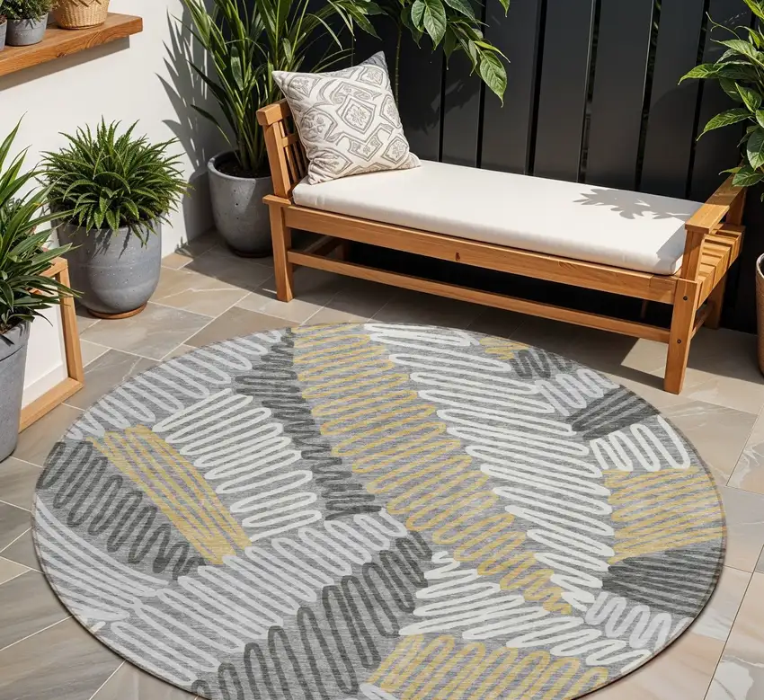8' Gray Beige And Ivory Round Floral Washable Indoor Outdoor Area Rug Photo 1