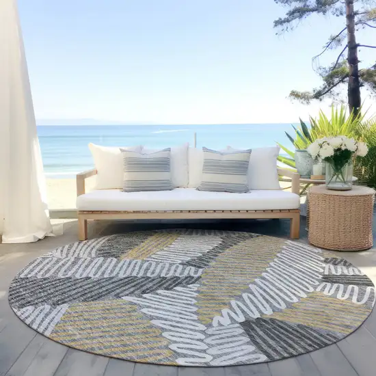 8' Gray Beige And Ivory Round Floral Washable Indoor Outdoor Area Rug Photo 7