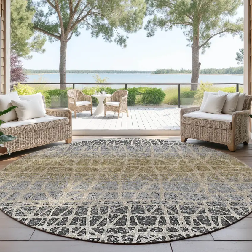 8' Gray Beige And Ivory Round Geometric Washable Indoor Outdoor Area Rug Photo 4