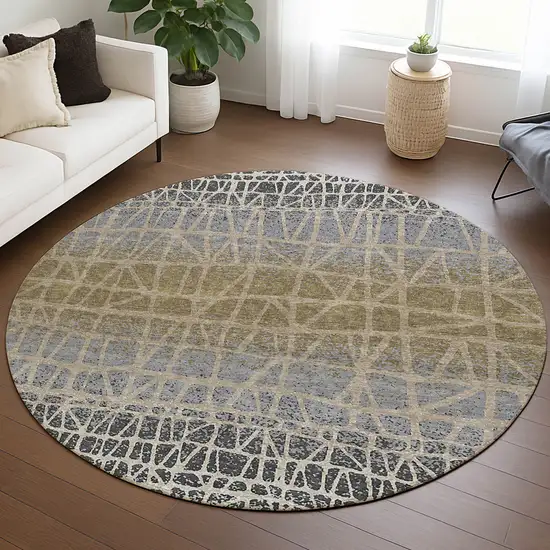 8' Gray Beige And Ivory Round Geometric Washable Indoor Outdoor Area Rug Photo 5
