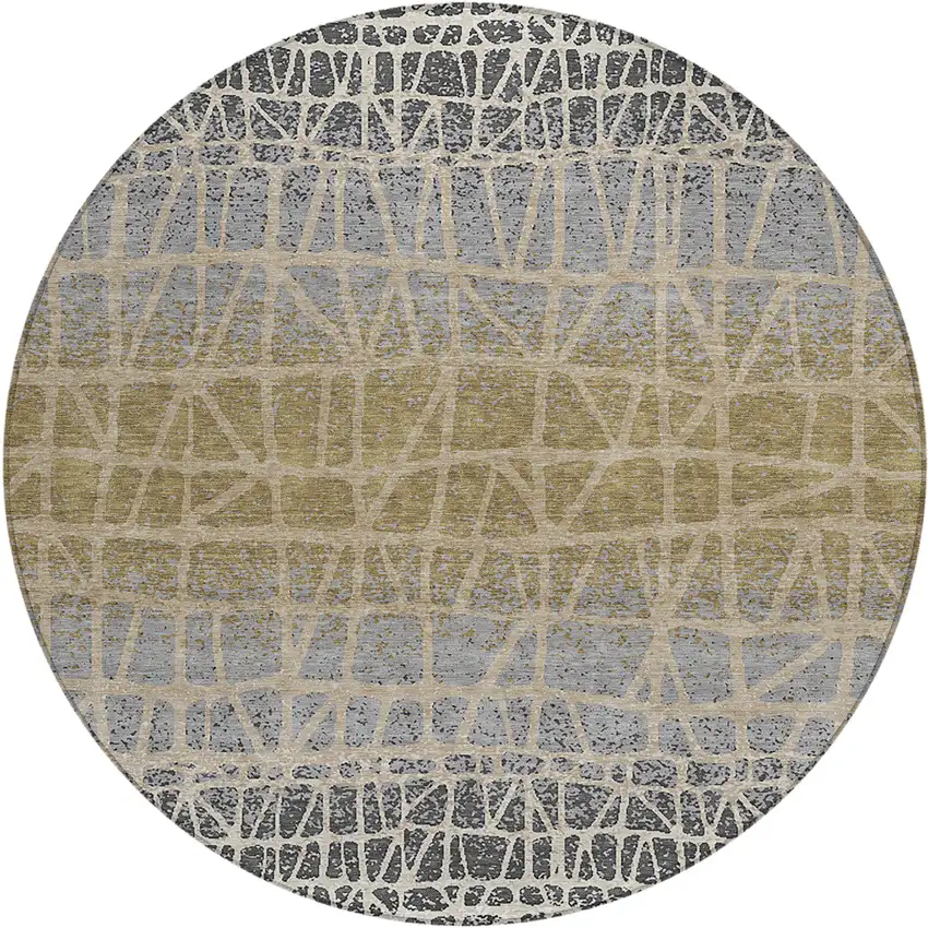 8' Gray Beige And Ivory Round Geometric Washable Indoor Outdoor Area Rug Photo 1
