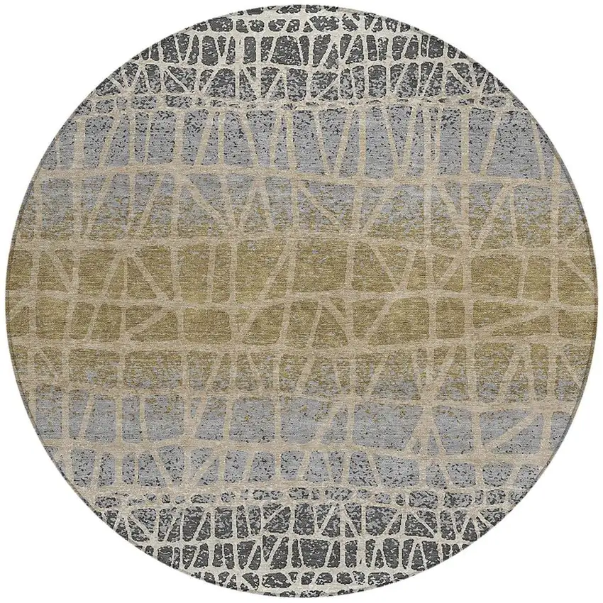 8' Gray Beige And Ivory Round Geometric Washable Indoor Outdoor Area Rug Photo 2