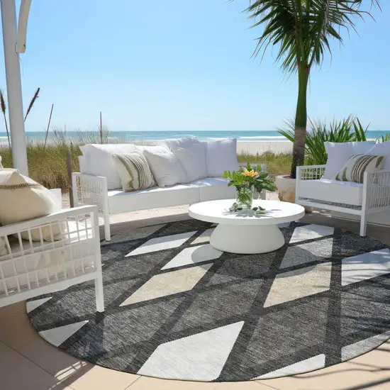 8' Gray Beige And Ivory Round Geometric Washable Indoor Outdoor Area Rug Photo 7