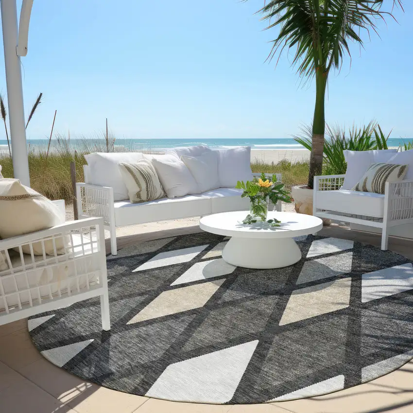 8' Gray Beige And Ivory Round Geometric Washable Indoor Outdoor Area Rug Photo 7