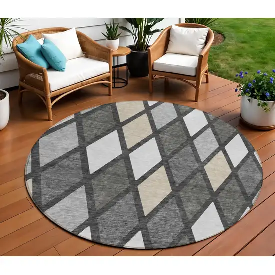 8' Gray Beige And Ivory Round Geometric Washable Indoor Outdoor Area Rug Photo 1