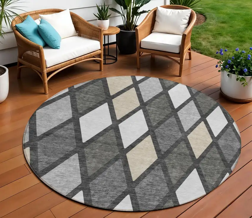 8' Gray Beige And Ivory Round Geometric Washable Indoor Outdoor Area Rug Photo 1