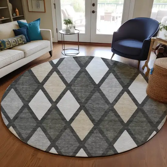 8' Gray Beige And Ivory Round Geometric Washable Indoor Outdoor Area Rug Photo 8