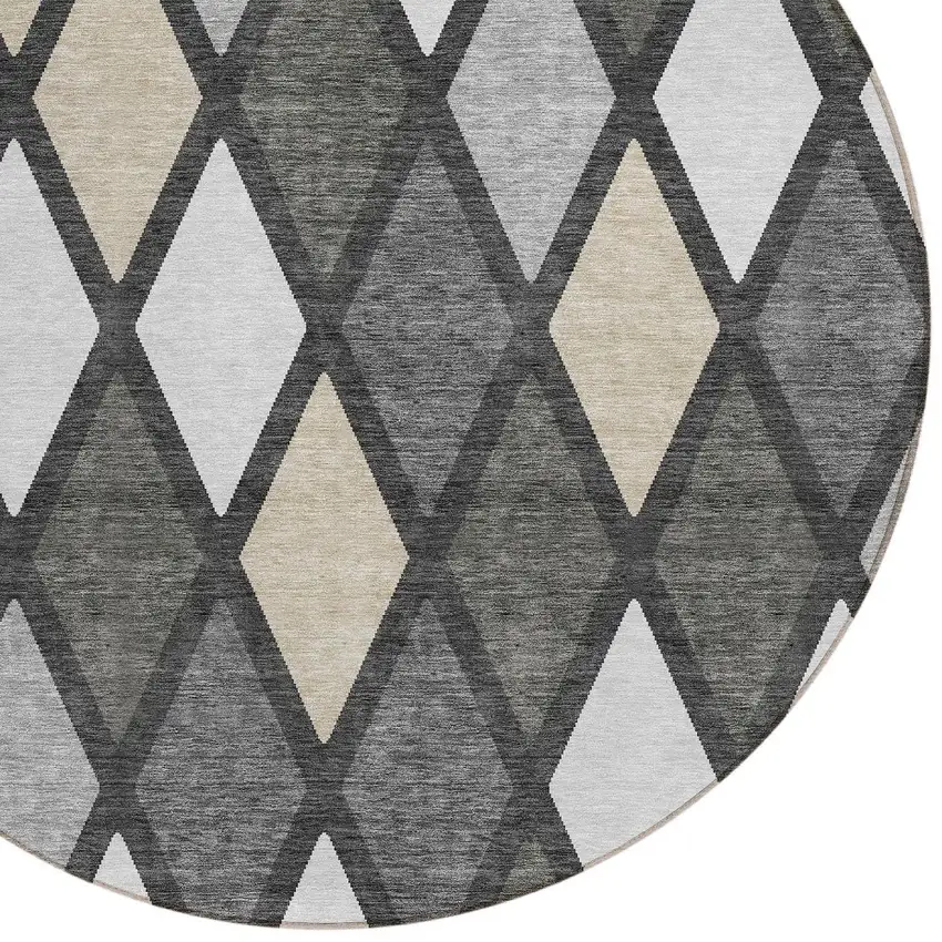 8' Gray Beige And Ivory Round Geometric Washable Indoor Outdoor Area Rug Photo 4