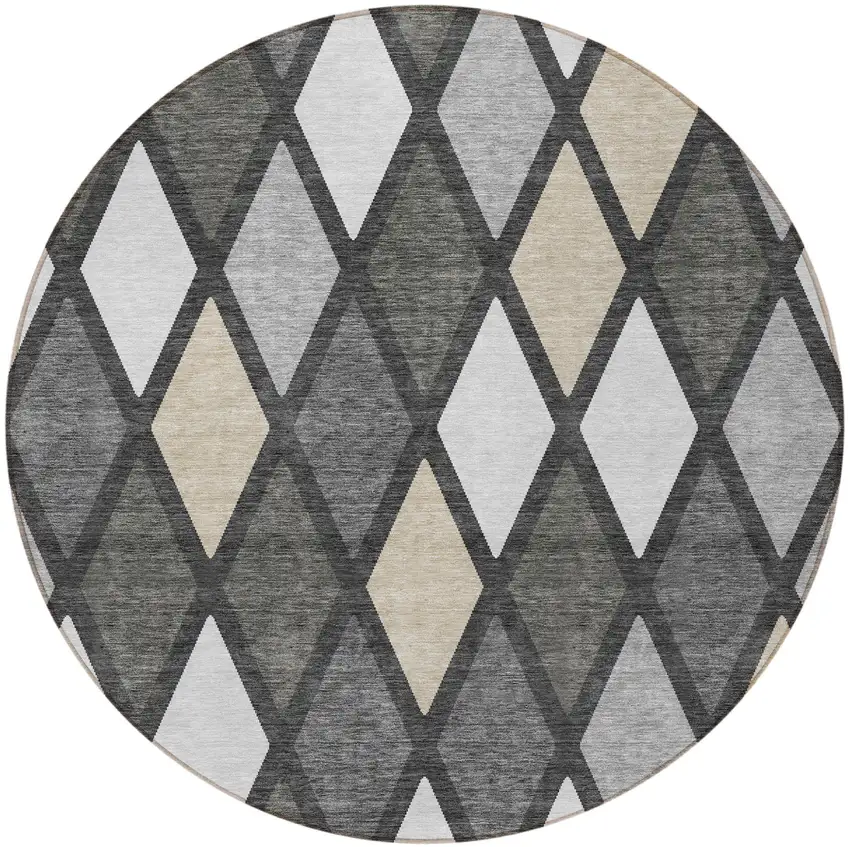 8' Gray Beige And Ivory Round Geometric Washable Indoor Outdoor Area Rug Photo 6
