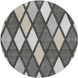 Photo of 8' Gray Beige And Ivory Round Geometric Washable Indoor Outdoor Area Rug