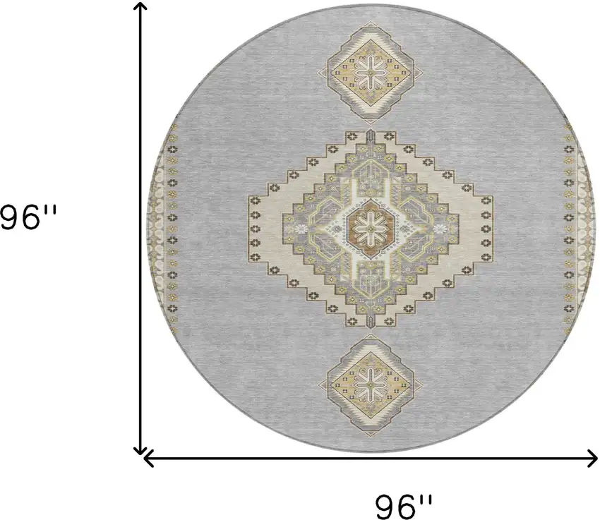 8' Gray Beige And Ivory Round Oriental Washable Indoor Outdoor Area Rug Photo 3