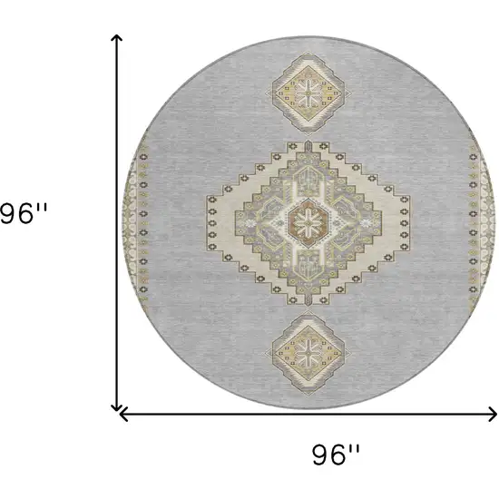 8' Gray Beige And Ivory Round Oriental Washable Indoor Outdoor Area Rug Photo 3