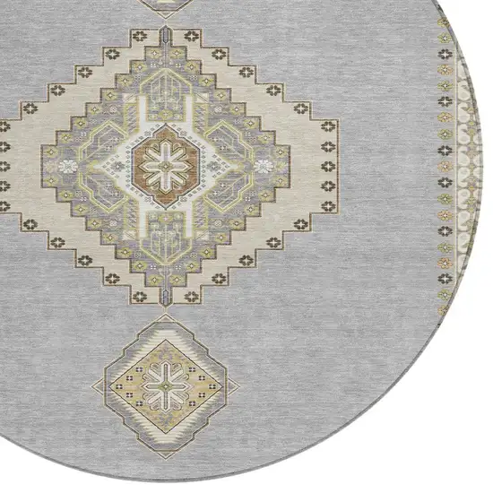 8' Gray Beige And Ivory Round Oriental Washable Indoor Outdoor Area Rug Photo 4