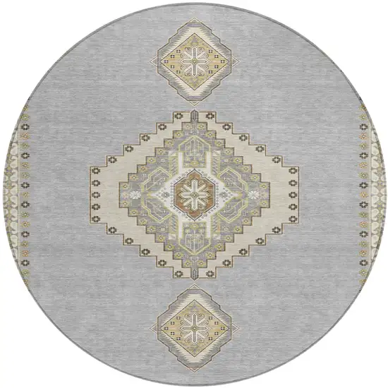 8' Gray Beige And Ivory Round Oriental Washable Indoor Outdoor Area Rug Photo 2