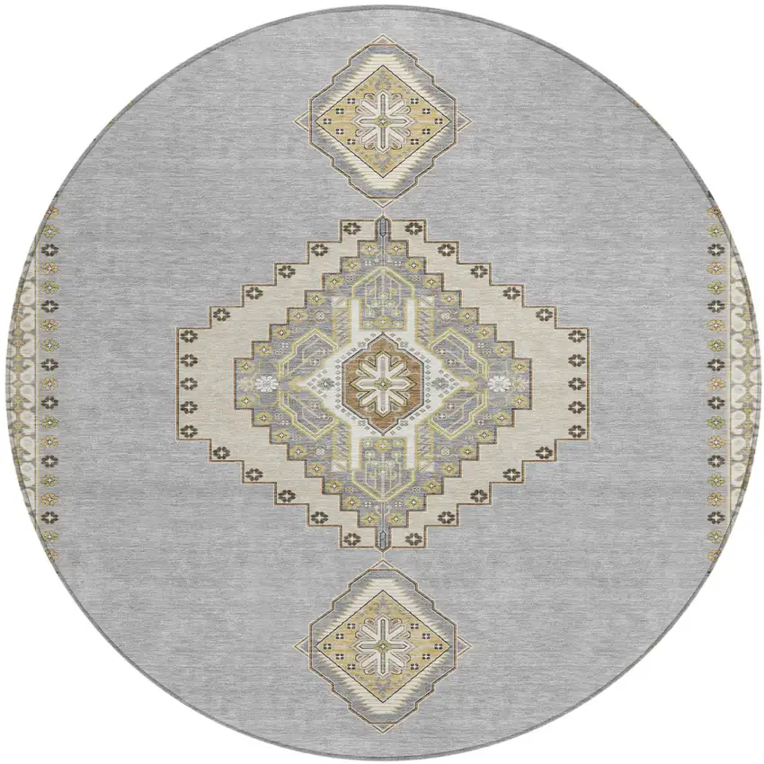 8' Gray Beige And Ivory Round Oriental Washable Indoor Outdoor Area Rug Photo 2