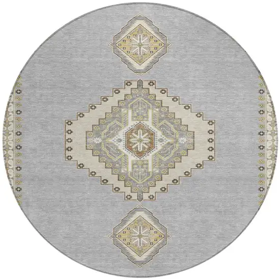 8' Gray Beige And Ivory Round Oriental Washable Indoor Outdoor Area Rug Photo 6