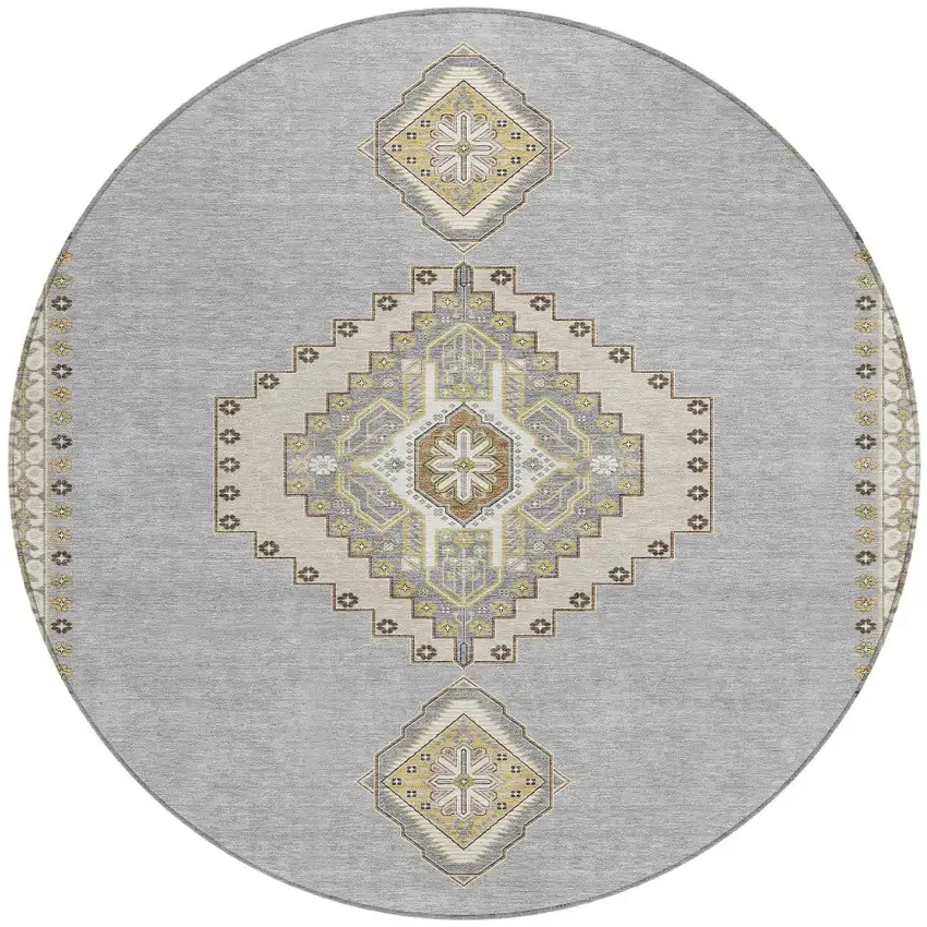8' Gray Beige And Ivory Round Oriental Washable Indoor Outdoor Area Rug Photo 6