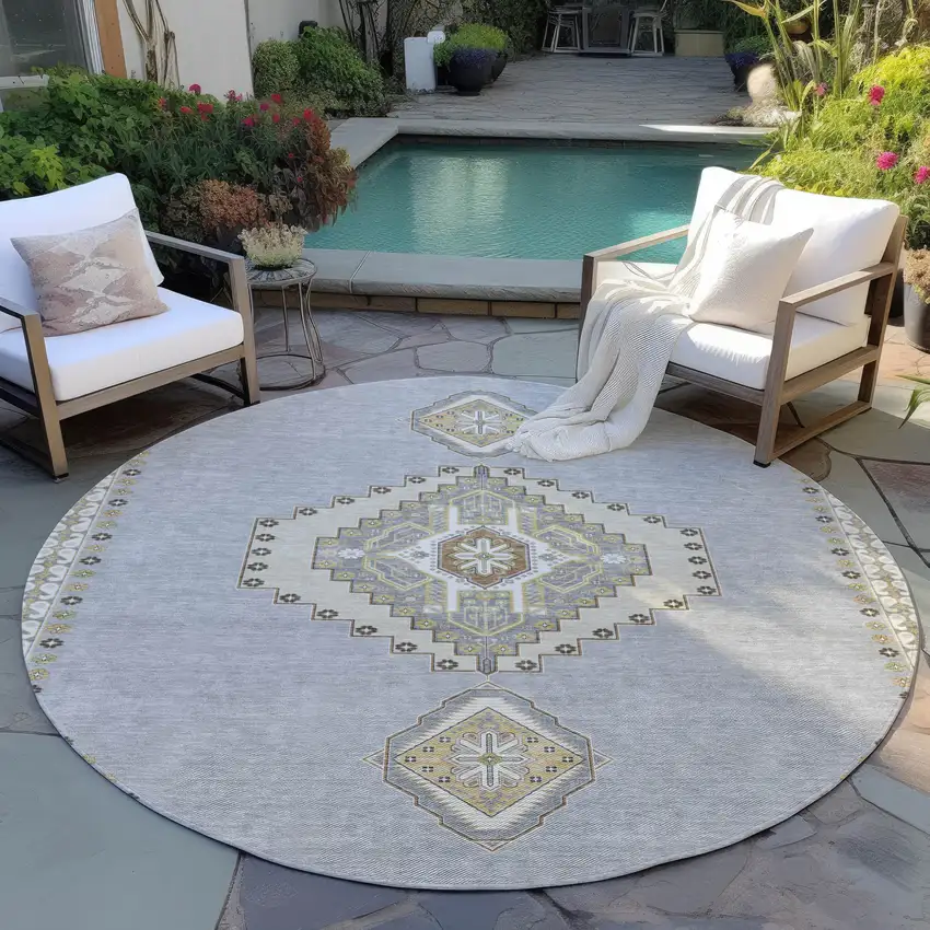 8' Gray Beige And Ivory Round Oriental Washable Indoor Outdoor Area Rug Photo 7