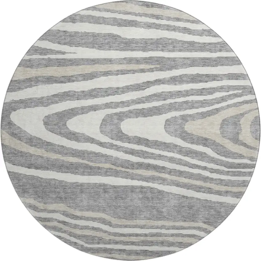 8' Gray Beige And Ivory Woodland Lodge Washable Round Rug With UV Protection Photo 1