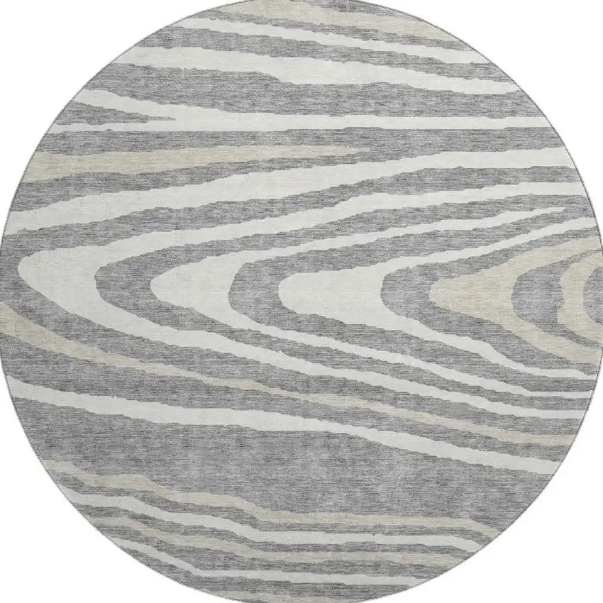 8' Gray Beige And Ivory Woodland Lodge Washable Round Rug With UV Protection Photo 3
