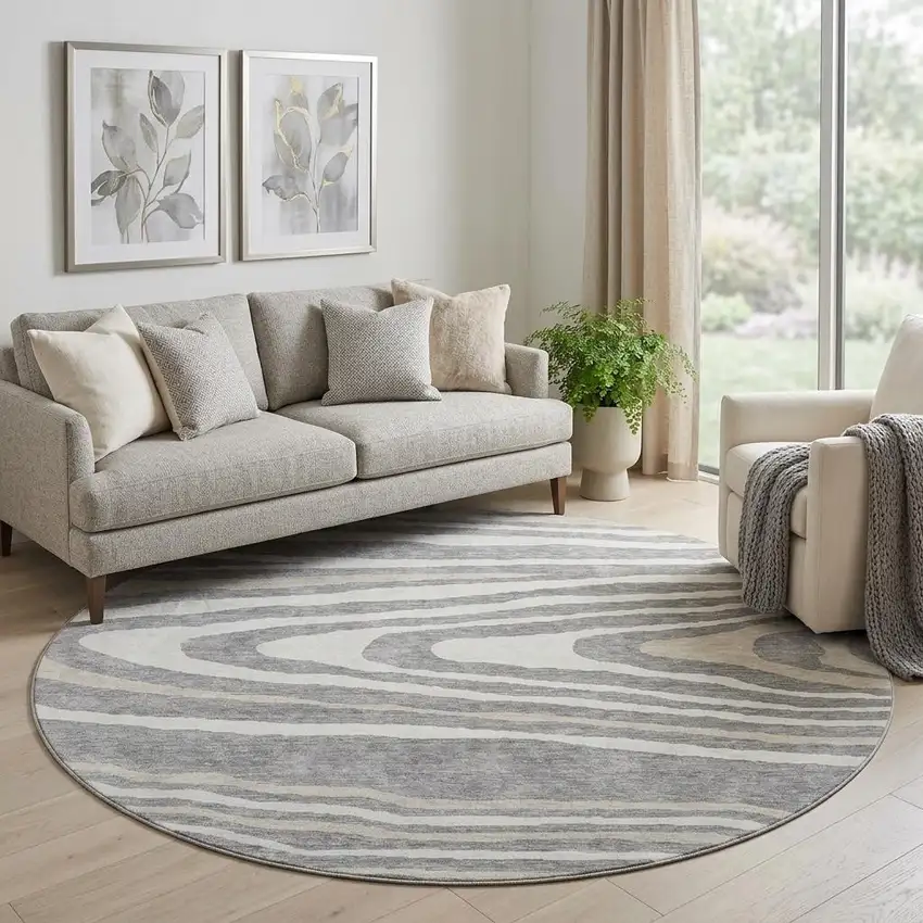 8' Gray Beige And Ivory Woodland Lodge Washable Round Rug With UV Protection Photo 1